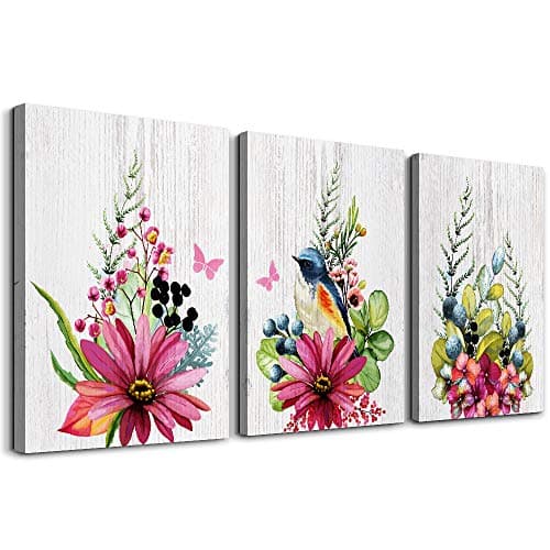 Flowers and birds 3 Pieces abstract Canvas Wall Art for living room Wall Decor for bedroom kitchen decorations Wood grain posters Canvas Prints artwork Modern framed bathroom Home decoration