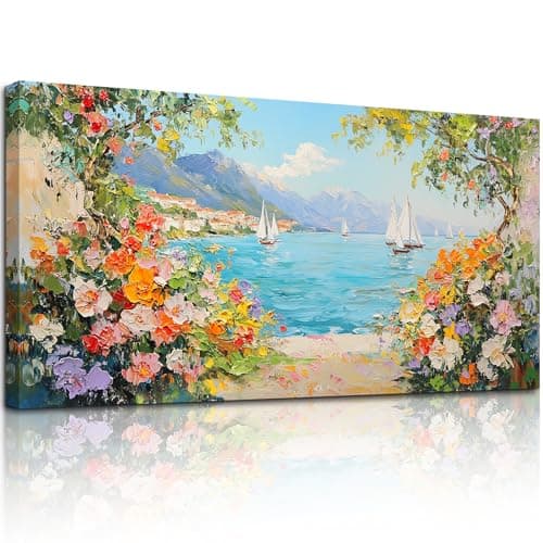 crmotu Coastal Large Wall Art, Sailboat Flowers Canvas Painting 20x40inch | Bay Landscape Wall Decor, Ocean Mountain Pictures, Living Room Bedroom Decor, Ready to Hang, Hand-stretched Canvas