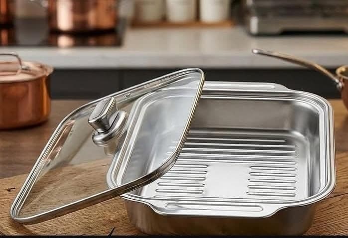 Generic Stainless Steel Grill Casserole Dish with Glass Lid, 40x25 cm, for Stovetop or Oven, Easy to Clean, .em Barbecue grill