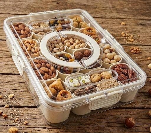 Generic Rectangular acrylic container, 21 x 1, containing 16 mini plastic pieces., Includes 3 fruit forks and 2 spoons., Designed compartments for forks and spoons db