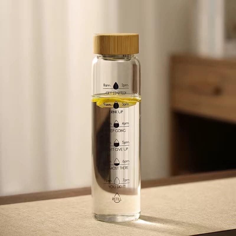 1000ml Water Bottle with Time Marker Motivational Time Scale Hourly Drinking Reminders Stylish Wooden Lid Modern Leakproof Design for Daily Use
