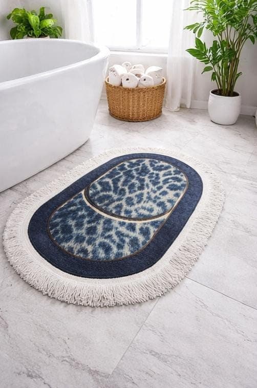Generic Oval Velvet Bathroom Mat Set, Blue Leopard Print with 3D Fringe, 2-Piece, Large 95x60 cm and Small 50x60 cm, .sr Rug