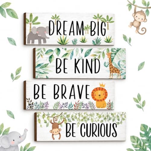 4 Woodland Safari Animal Room Decor for Baby Boy Bedroom - Cute Jungle Nursery Decorations, Toddler Room 11x3.9 Inches (White Background, Lively Animals) Decorative signage
