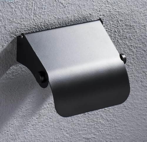 Wall-Mounted Toilet Paper Holder with Cover, Matte Black | Metal Construction, Protective Flap Cover, Bathroom Accessory, Screw Mounting, Modern Design