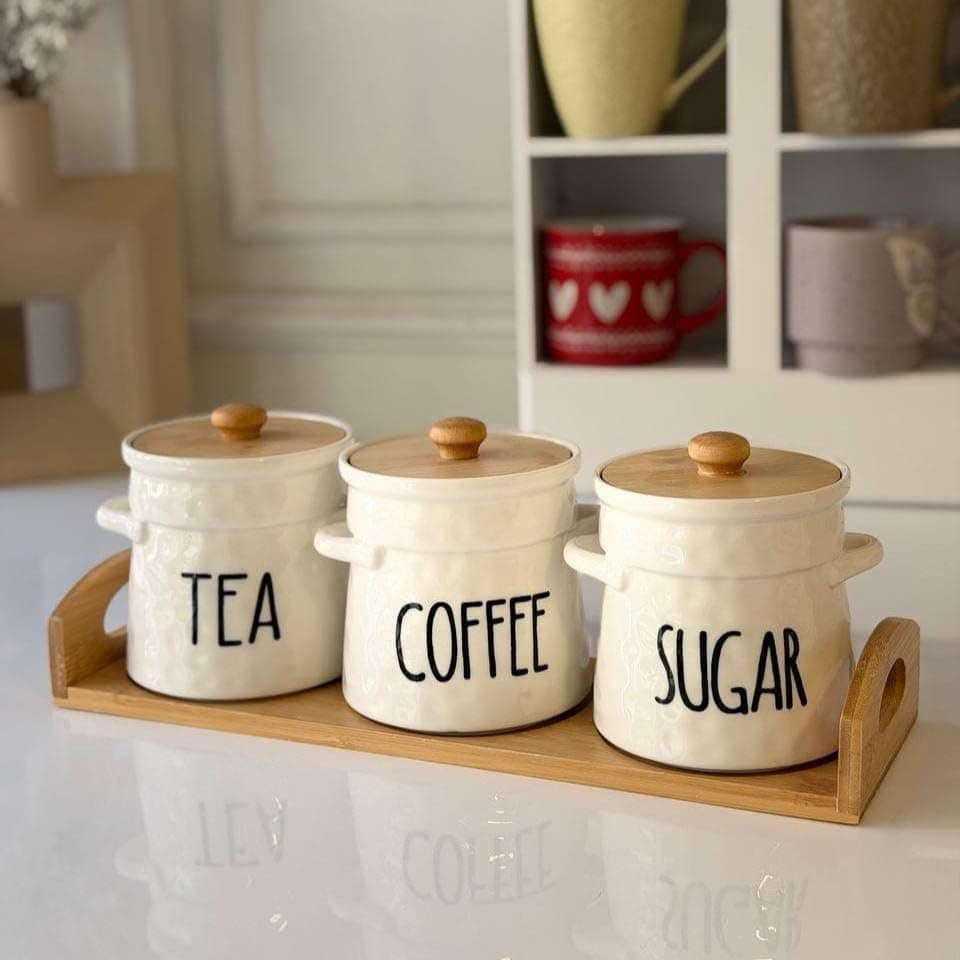 Generic Tea Coffee Sugar Canister Set of 3 with Wooden Tray, .bs Food storage container