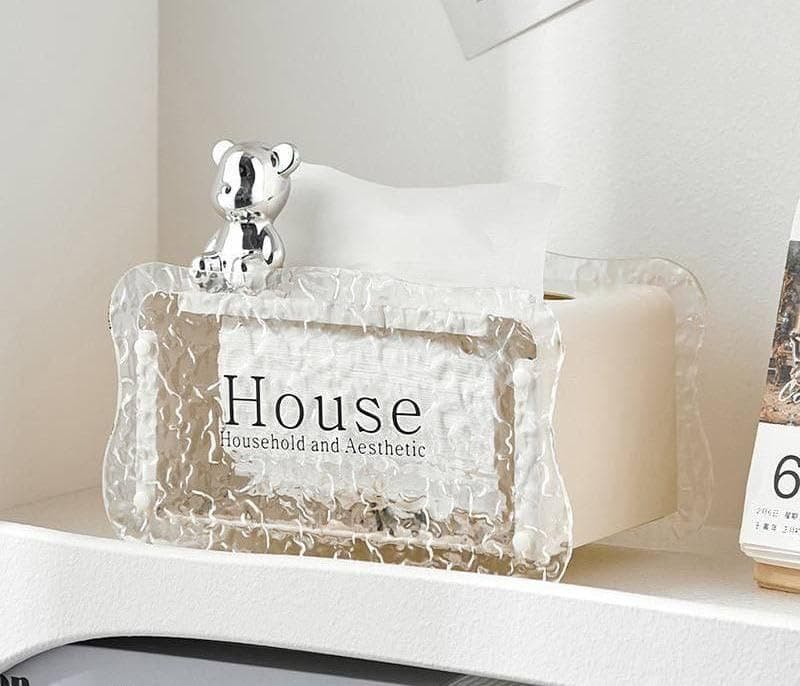 Generic House Household and Aesthetic Tissue Box, Clear, Large, Bear Figurine Top, Elegant Design for Living Room and Office, .sew Facial tissue holder