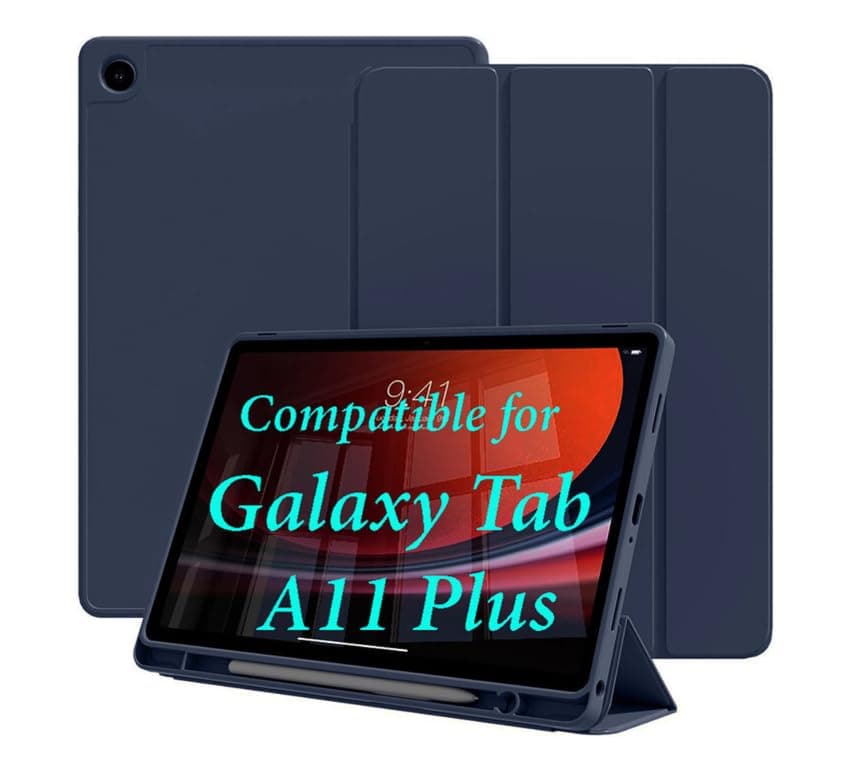 Protective Smart Trifold Stand Case with Pencil Holder for Samsung Tab A11 Plus 5G / A9 Plus, Dark Blue Color