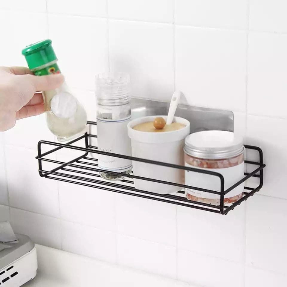 Generic Wall-Mounted Metal Wire Shelf, Black, Adhesive No-Drill Organiser for Kitchen and Bathroom, Spice Rack Storage, .sa