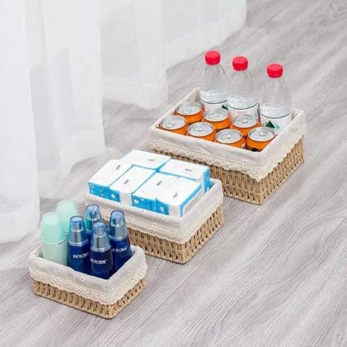 Woven Rattan Storage Baskets, 3-Piece Lined Rectangular Organizer Set
