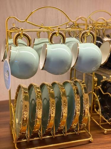 12-Piece Porcelain Coffee Cup Set with Gold Details and Storage Stand