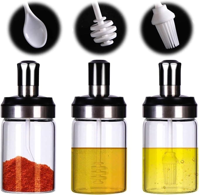 3 Pieces Kitchen Storage Set, Practical Glass Storage Set for Spices, Salt, Honey, Ghee, Pickles, with Spoon, Brush, Honey Dropper and Airtight Lid to Help Keep Contents Organized. Food storage container
