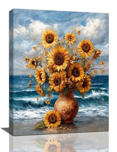 Sunflower Wall Art Coastal Ocean Waves Sunflower Pictures Wall Decor Floral Canvas Painting Print Modern Artwork Decorations Framed for Bathroom Living Room Bedroom Office 12”X16”