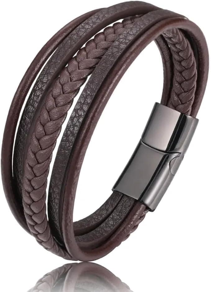 Men's Bracelet Braided Leather Brown Metal Lock