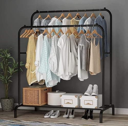 Metal Wrought Iron Clothes Rack with Bag Hooks and Bottom Shelf Organizer