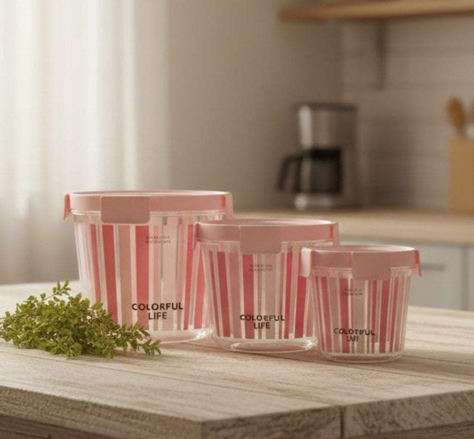 Generic 3-Piece Round Food Storage Container Set, Pink, with Secure Clip Lid, for Fruits, Vegetables, and Nuts, .db