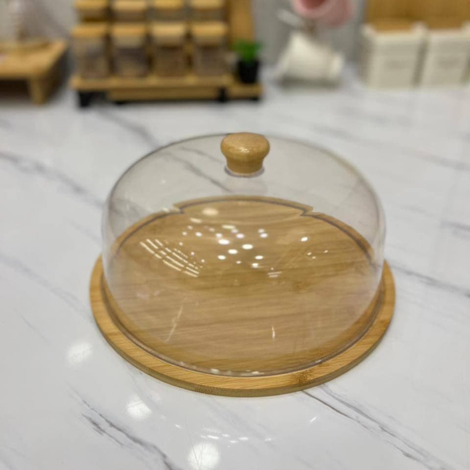 Generic Cake and Tart Stand with Clear Dome Lid, Rotating Bamboo Base, Wooden Handle, 30x14 cm, .Ht Item stand