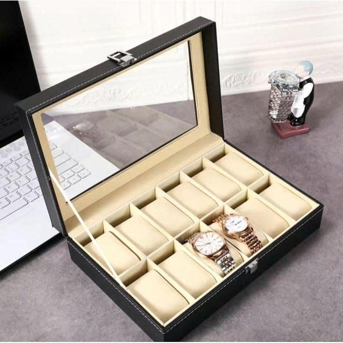 12 Slot Watch Box Display Case Jewelry Organizer Storage Box with Glass Top