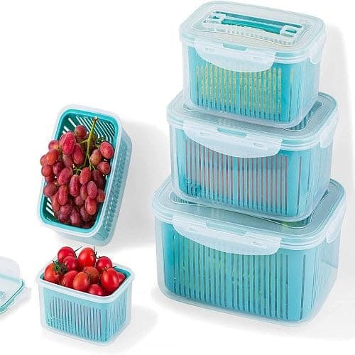 5-Piece Refrigerator Organizer Bins Set Plastic Food Storage Containers with Removable Strainer Clip Lids and Air Vents for Fresh Fruits Vegetables