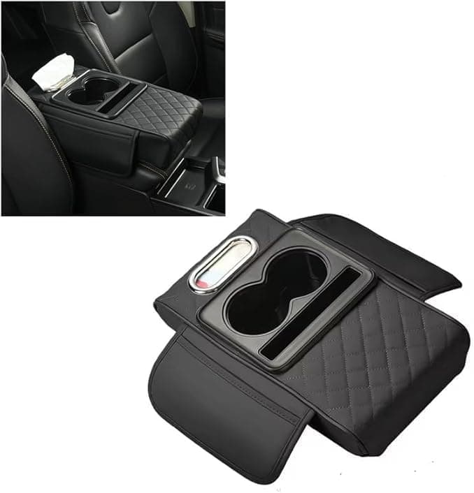 Multifunctional Car Center Console Cover with Comfort Cushion, Cup Holder and Side Pockets for Armrest Support (With Tissue Box, Black) - AGA