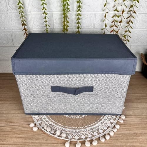 Generic Fabric Storage Box with Lid, Grey Chevron Pattern, 96.5 x 61 x 61 cm, Collapsible Organiser with Handle .bar
