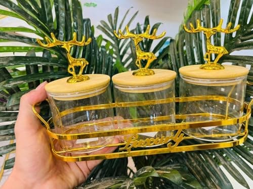 Generic Glass Spice Jar Set of 3 with Wooden Lids, Gold Handles, and Metal Holder for Kitchen Storage,mek Food storage container