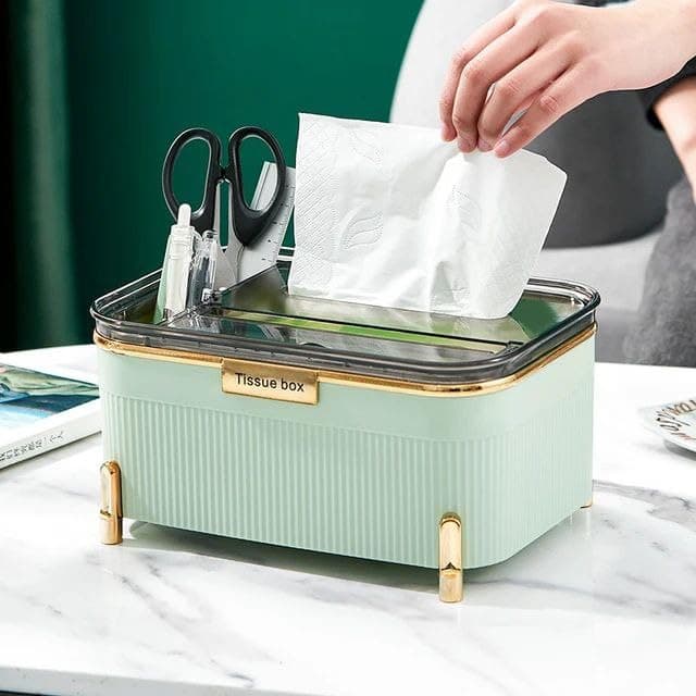 Generic Luxury Tissue Box Organizer with Phone Stand, Gold-Accented Legs, Multi-Purpose Storage, Mint Green .rom