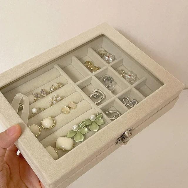 Generic Velvet Jewellery Organiser Box, Grey, with Clear Lid, Ring and Accessory Storage, .go