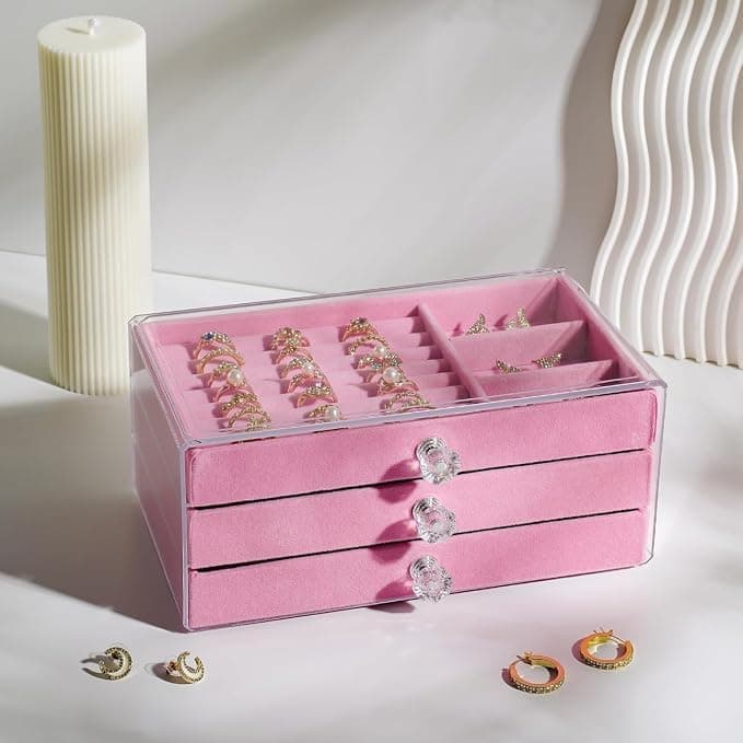 Clear Acrylic Accessories Organizer 3 Drawers Velvet Lined Ring Watch Protection - Modern Personal Items Storage Unit (AR) (Pink)