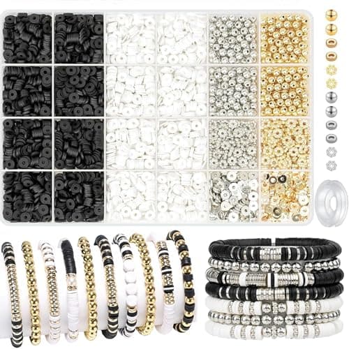 AhLmA 3700 Beads for Bracelets, Necklaces & Earrings - Black, White & Gold Polymer Clay & Metal Beads - DIY Jewellery Making Set Craft bead