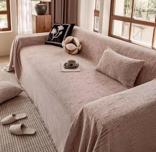 Generic Cotton Blend Chenille Sofa Cover, Beige, 2x3 Metres, Full Coverage, All Season Use .flo (cafe) Furniture cover