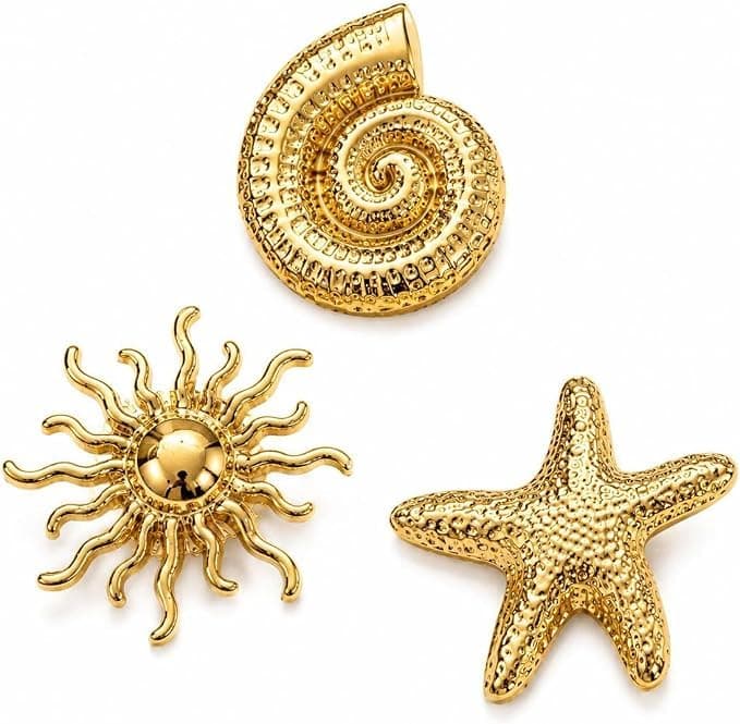 Gold Sea Atmosphere Brooches Set Shell Sun Starfish Brooches | Pins Set, Summer Design, 3 Pieces, Summer Look, Shell and Sun Pin Apparel pin
