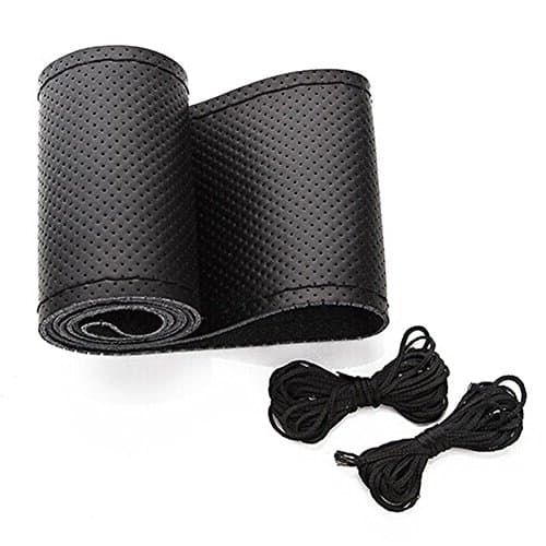 Onerbuy Universal Leather Car Steering Wheel Stitch On Wrap Cover DIY Sewing Breathable and Anti slip, 15-Inch (Black)