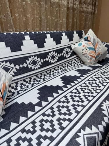 Generic Handmade Boho Sofa Throw Blanket, Navy Blue and White, Aztec Pattern, with Fringe, 240x260 cm, .Ims