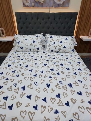 Generic Heart Print Fitted Sheet, Cotton, White with Blue and Beige, 160 cm, Fits Mattresses up to 30 cm, Includes Pillow and 2 Cushions, .reh