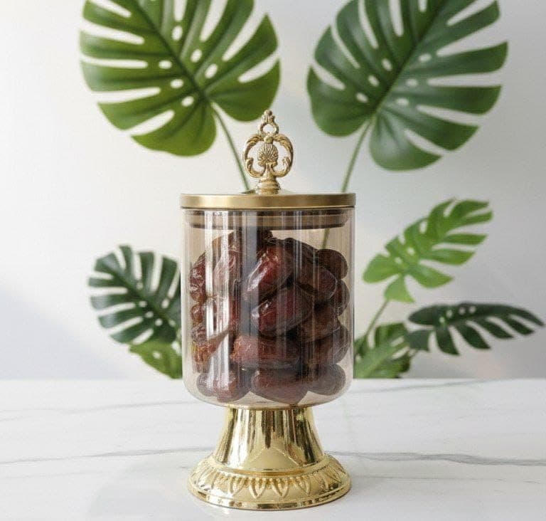 Generic Glass Candy Jar with Gold Base and Lid, for Dates, Sweets, and Nuts, Airtight Gasket Seal, .ar