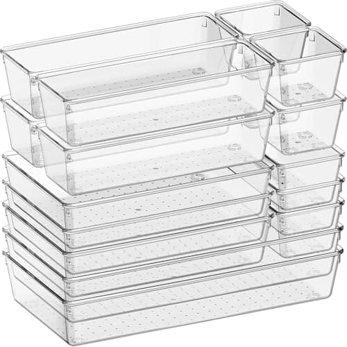 Circle M 16-Pack Large Clear Plastic Drawer Organizer Bins: 5 Sizes for Makeup Office Kitchen – Clear
