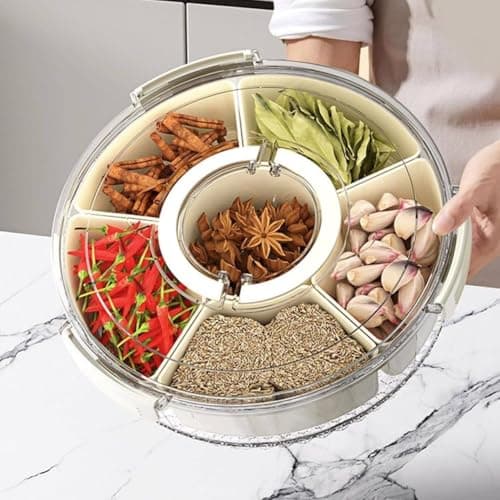 Generic Round Rotating Spice and Snack Organiser, 6-Compartment Container with Lid, for Vegetables, Fruits, 26x26.5 cm, .sew