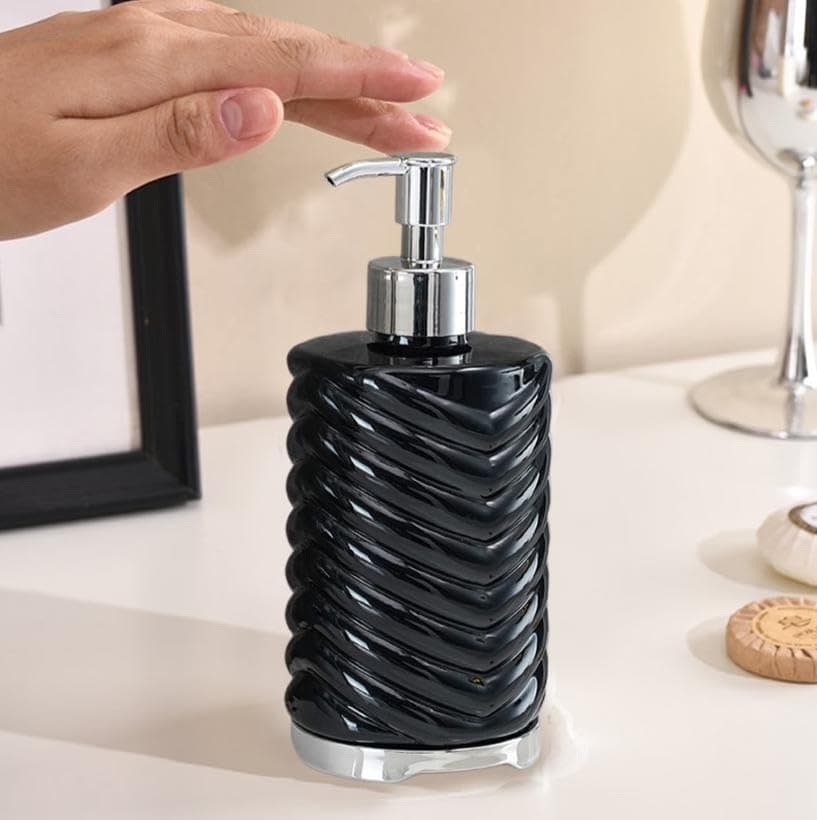 Generic Black Acrylic Soap Dispenser with Chrome Pump, Textured Wave Design, Bathroom Counter Accessory, .em