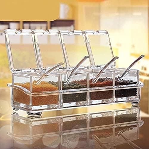 PAYTON Acrylic Clear Spice Rack 4 Pieces Crystal Seasoning Box Set Kitchen Storage Jar Container with 4 Spoon - Pack of 1 Food storage container