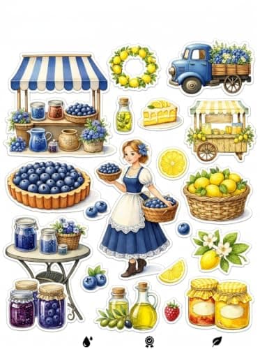 Blueberry Lemon Market Sticker Sheet, Watercolour Craft Stickers | Scrapbooking & Journaling, Kids & Adults, Waterproof, Farmhouse Theme, 20+ Stickers per Sheet