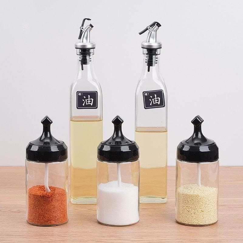 Generic Glass Kitchen Oil and Spice Set, 5-Piece with 2 Bottles & 3 Jars, .mek Food storage container