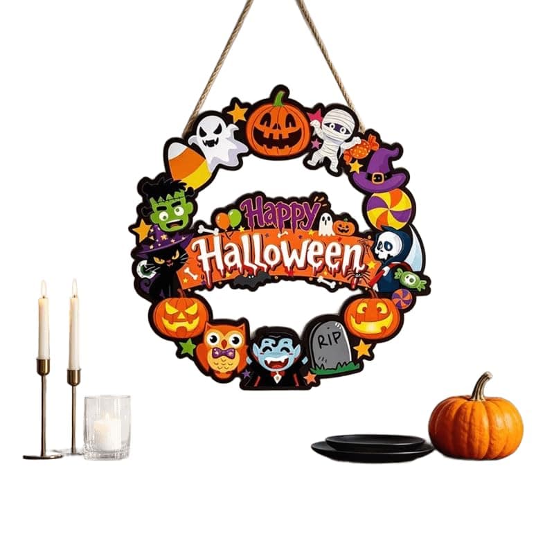 Happy Halloween 2D Flat Wreath Hanging Sign Door Decoration | Rope Hanger Included, Front Door Decor, Spooky Characters, Colourful Wall Sign, Festive Home Decor