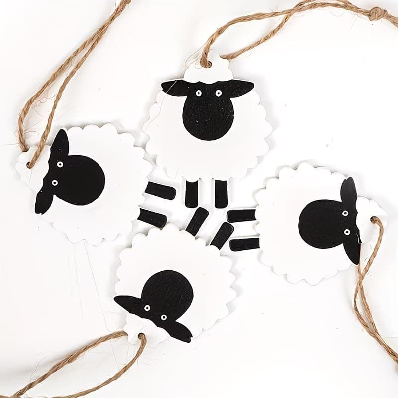 10 Pieces 5x6.3cm Black White Sheep Wood Pieces with Linen Rope for Decoration and Gifts Hanging ornament