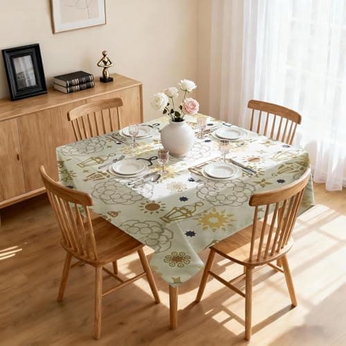 Ocra Ramadan Tablecloth, White with Gold Islamic Lantern and Mandala Print, Polyester, Eid Celebration Table Cover (Table Cover 75x75)