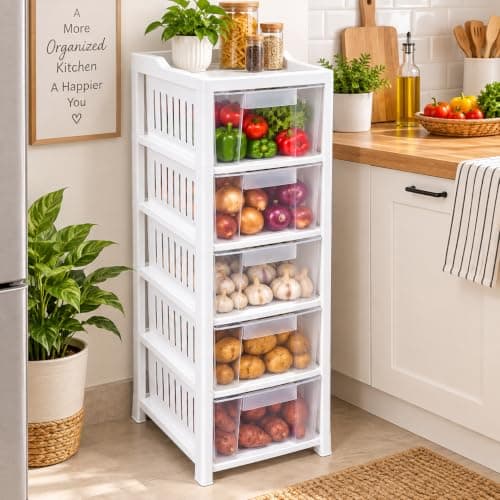 Shannon Turbo Plastic Vegetable & Fruit Organiser 5-Tier 110x33x40cm | Clear Drawers, Multi-Use Storage, Lightweight & Durable, Top Surface Included, Kitchen Organisation Storage rack