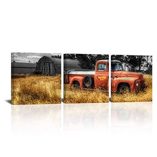 KLVOS Vintage Old Red Truck Car Wall Art in Field Wall Decor Painting Pictures Print On Canvas The Farm Picture for Farmhouse Home Modern Decoration Car Wall Decor Ready to Hang 12x12inchx3pcs