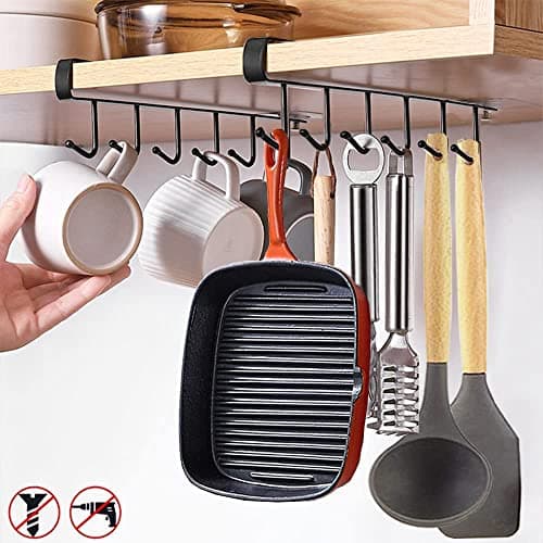 Prextex Pack of 2 Metal Multifunction Under Shelf Coffee Mug Cup Holder Rack Organizer Stand for Kitchen Counter, Cabinet, Table with 6 Hooks - Black Home organizers and storage