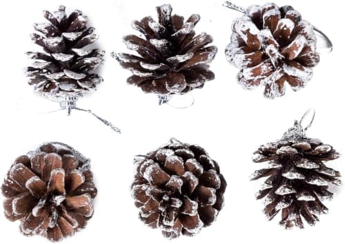 Natural Pine Cone Christmas Ornaments Set of 6, 4 cm | Snow-Tipped Brown, Hanging String Included, Holiday Decoration, Rustic Style, Tree Ornaments