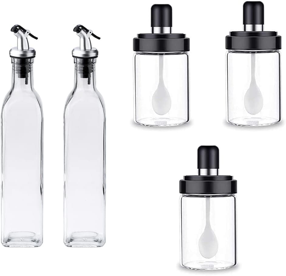 7 Piece Kitchen Storage Set Glass Plastic Spice Jars with Spoons Oil Bottles Easy Clean Funnel for Daily Service | By Generic Food storage container