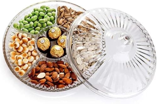 Generic Round Clear Snack Box with Lid, 6 Compartments, 26cm Serving Tray for Nuts and Sweets, .flo Food storage container